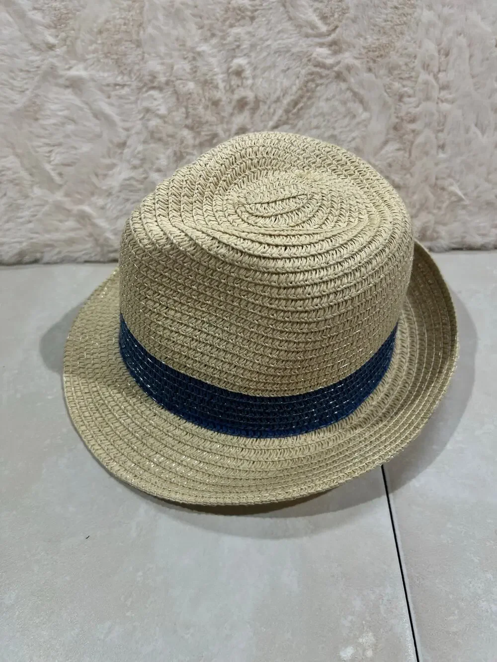 Toddler Boys Straw Fedora Hat Tan Blue Band Size 2T Summer Beach EUC